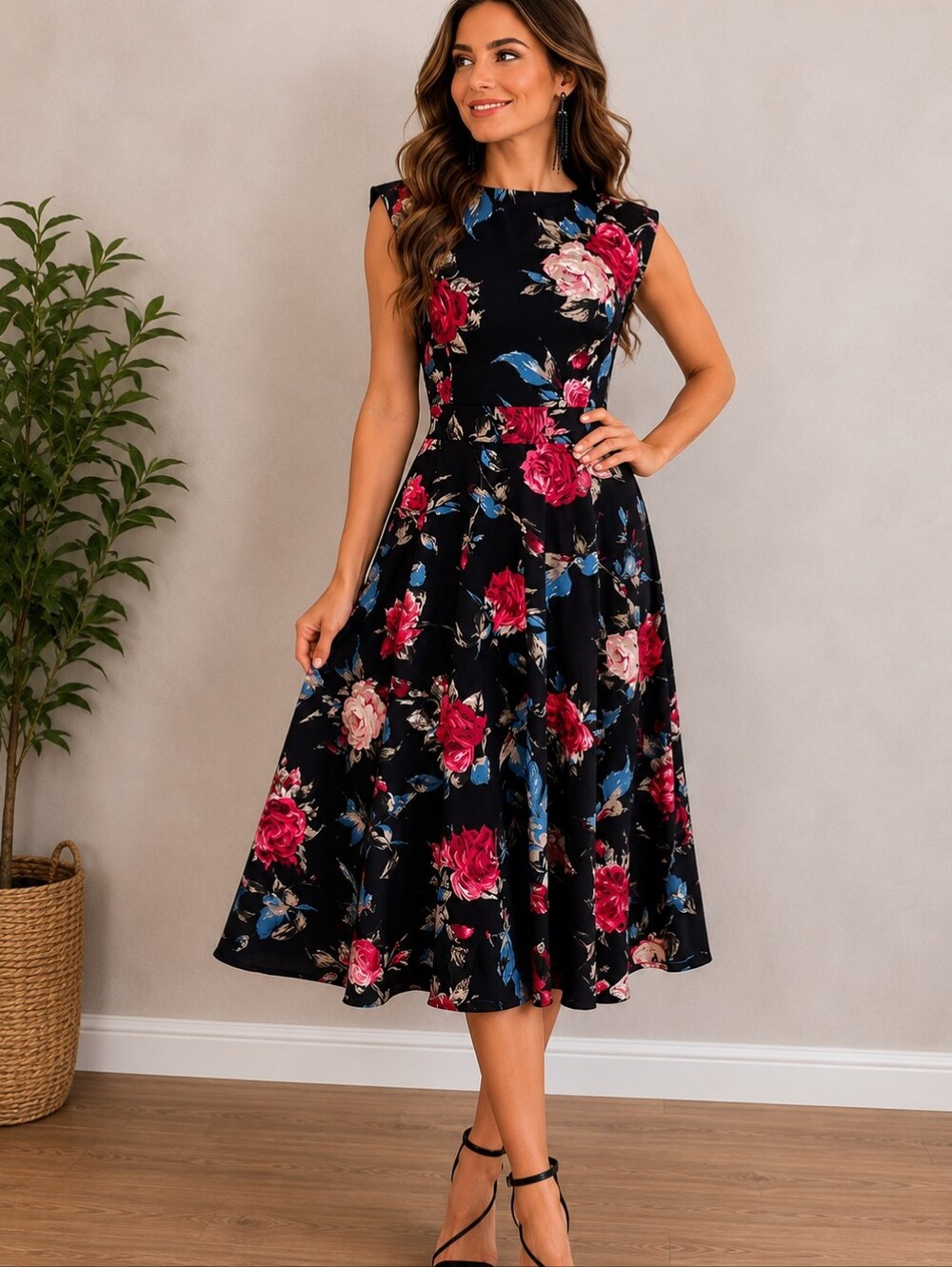 Sucrefas Moody Floral Roses Black Dress Cotton A-line Romantic Feminine SZ:12